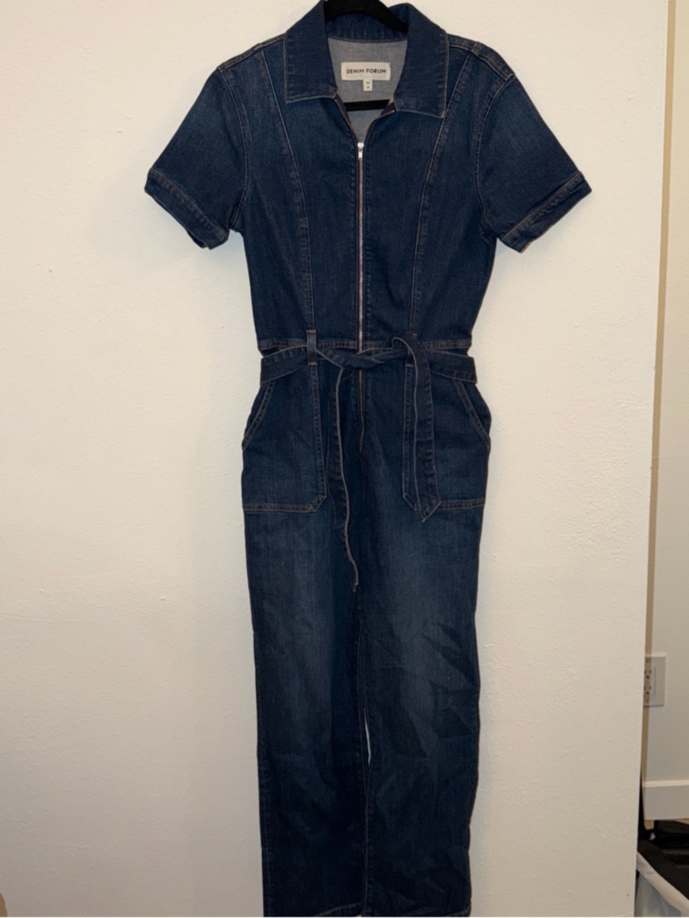 Denim Forum (Aritzia) Dark Blue Denim Short-Sleeve Jumpsuit with Tie Waist